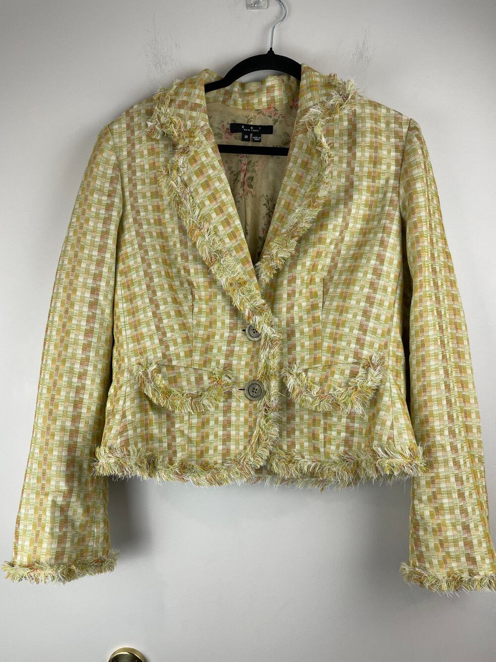 ECI New York Plaid Tweed Fringe Blazer Jacket Sz 10 Green Boho Floral Mesh Lined
